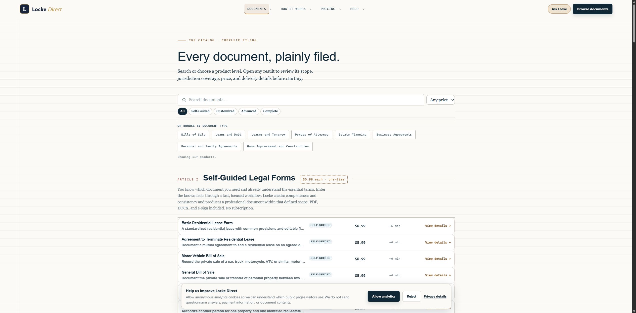 Locke Direct product interface showing Searchable legal-document catalog and product levels
