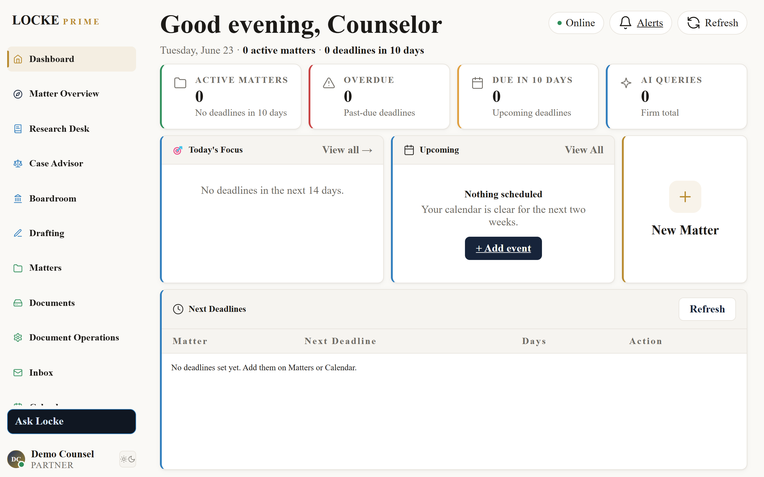 Locke Prime product interface showing Matter-centered litigation workspace