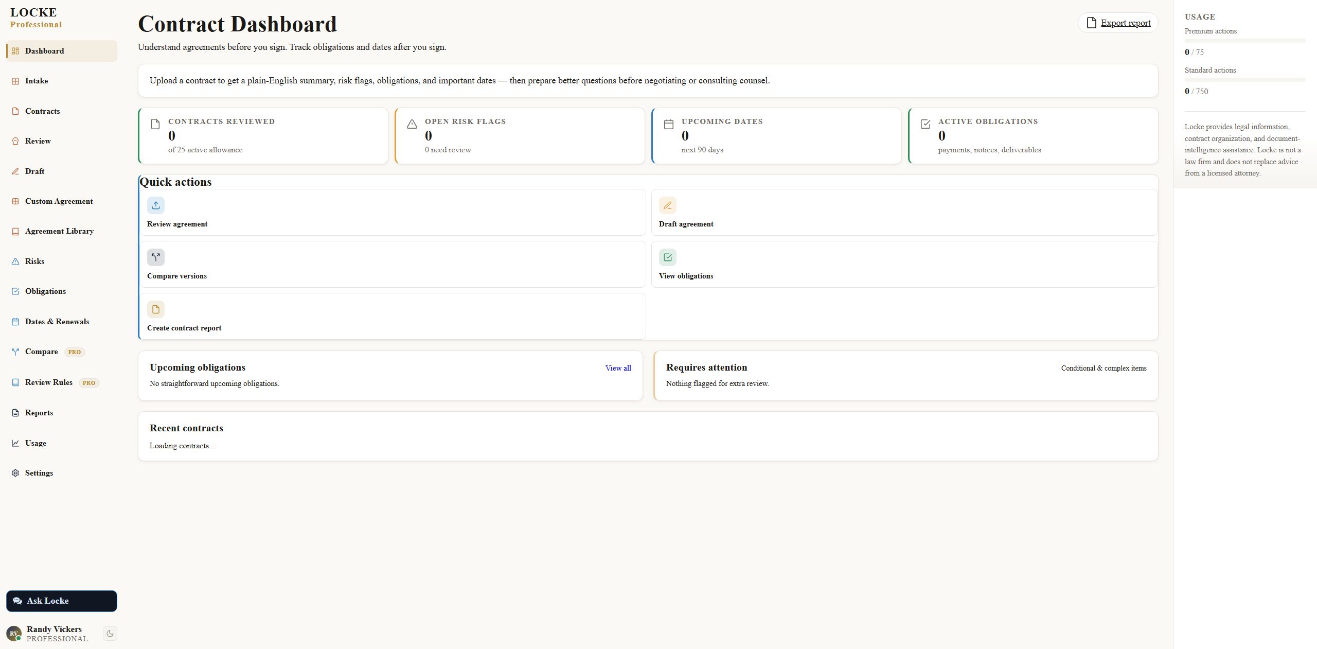 Locke Professional product interface showing Contract dashboard, risk, obligations, and renewals