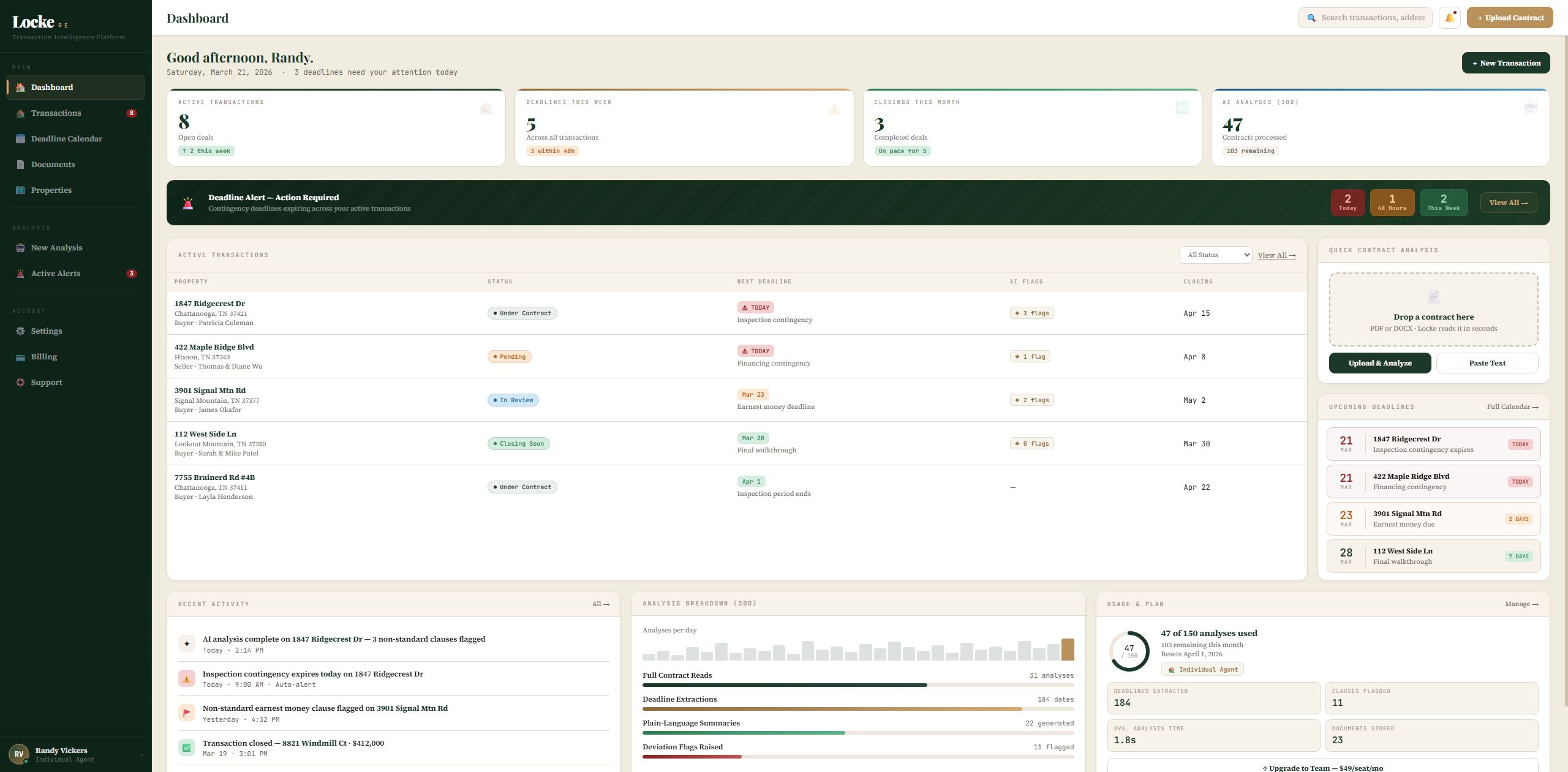 Locke RE interface concept showing Residential transaction intelligence concept