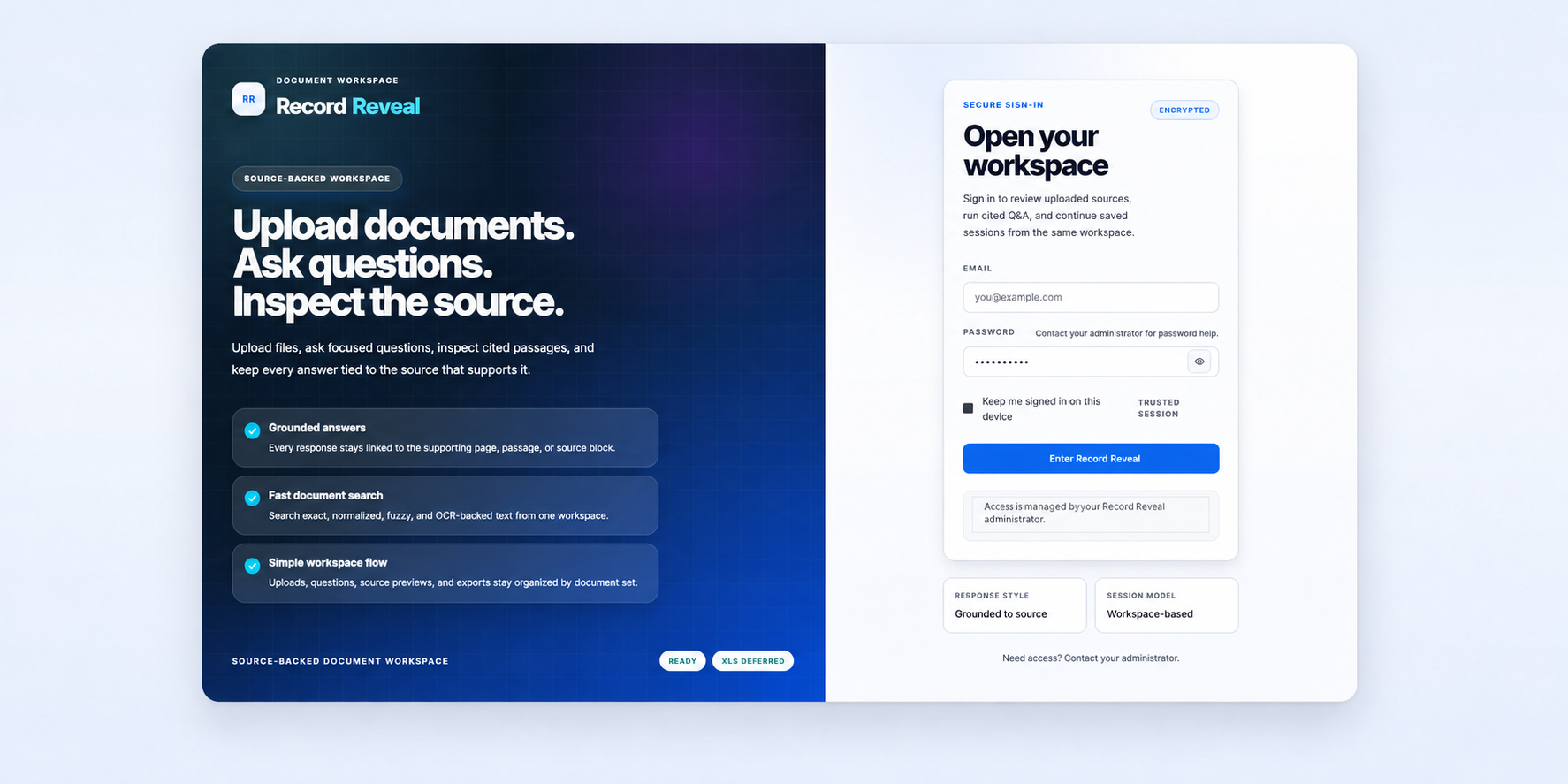Record Reveal product interface showing Source-backed document workspace