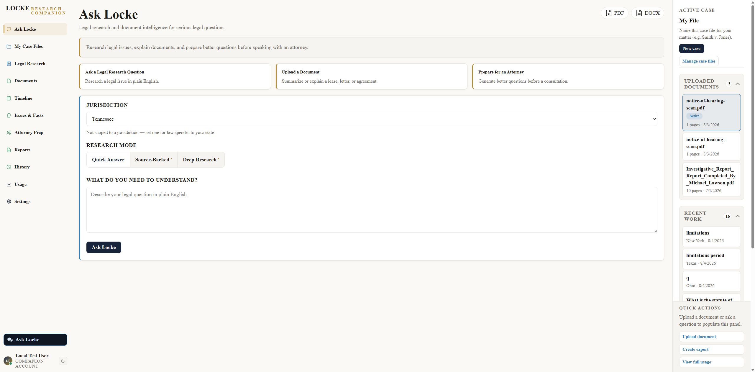 Locke Research Companion product interface showing Case files, research, timeline, issues, and preparation