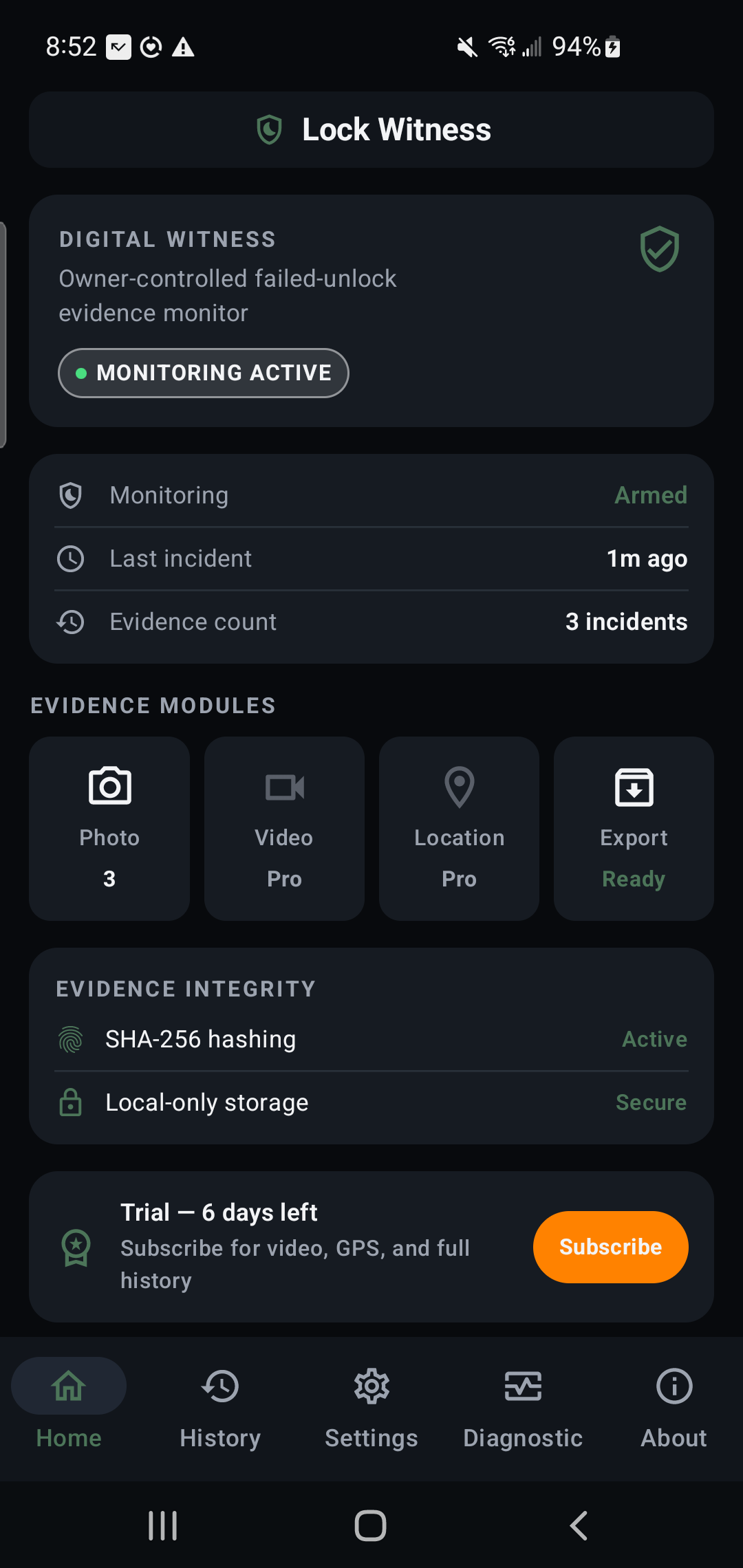 Lock Witness product interface showing Owner-controlled mobile evidence monitor
